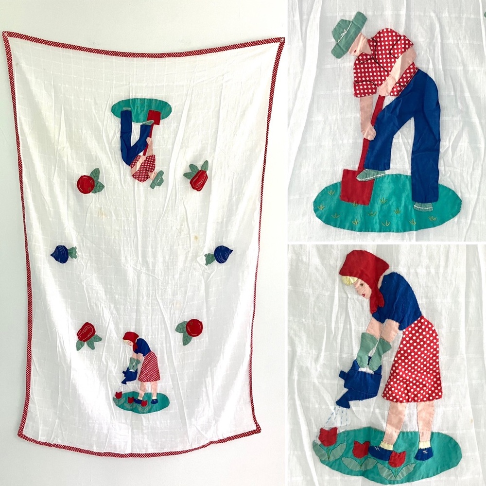 Vintage 30’s sheer cotton gardeners embroidered appliqué tablecloth linen